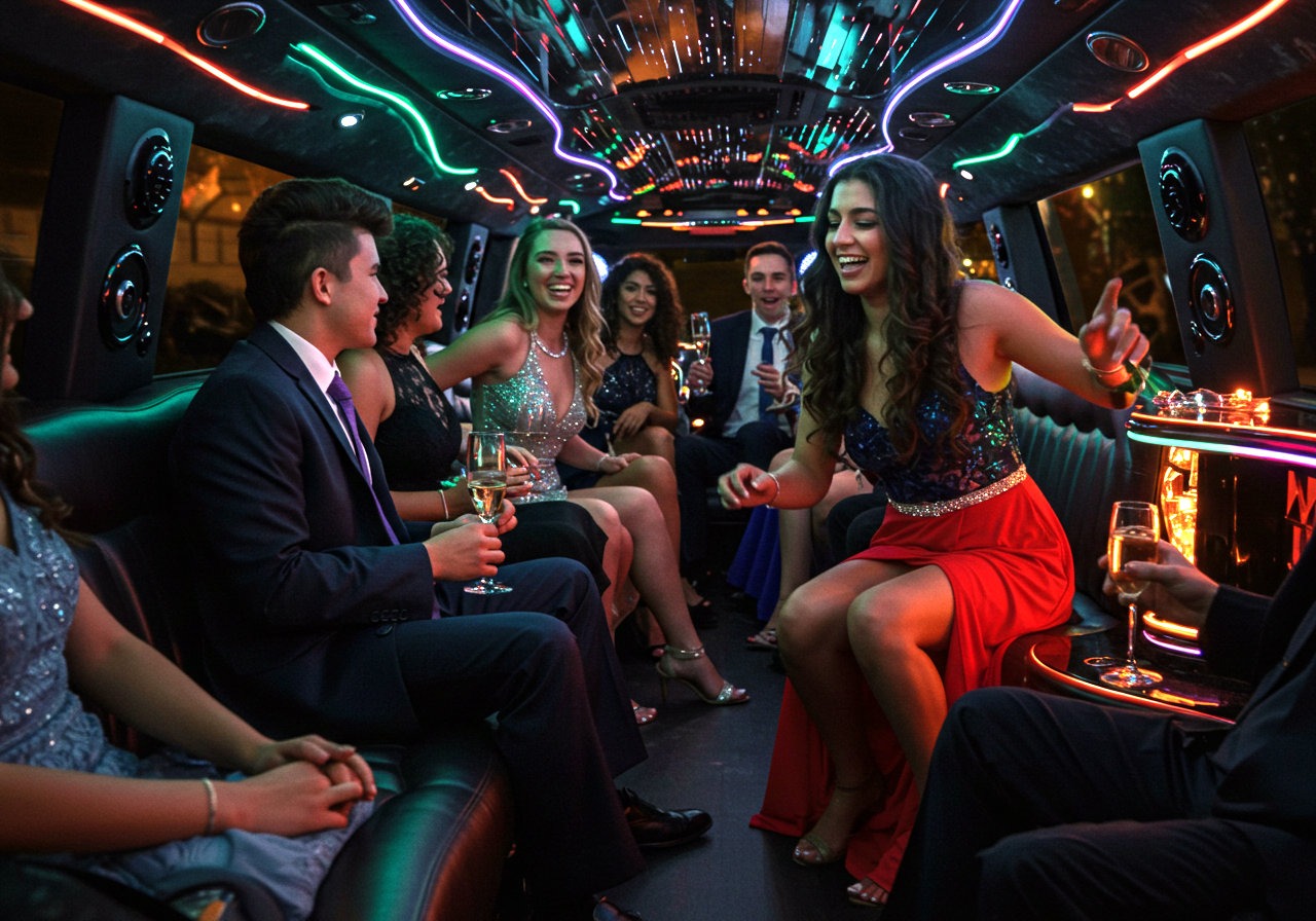 students in a prom limo